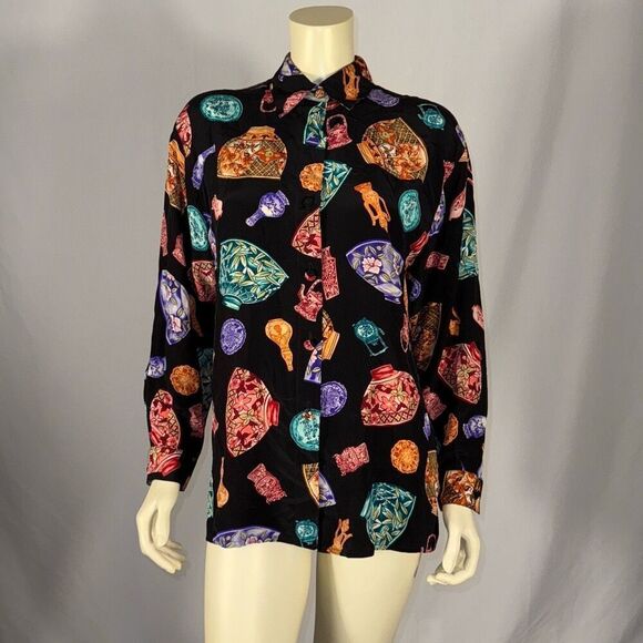 Vintage Diane Von Furstenberg Funky Print 100% Silk Button Down Shirt Small - Picture 1 of 11